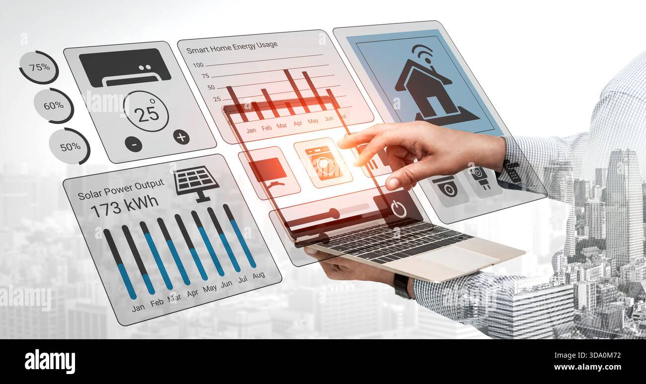 A person interacts with a futuristic technology interface showcasing smart home data and energy analytics on a laptop amid an urban landscape. Gantry Stock Photo