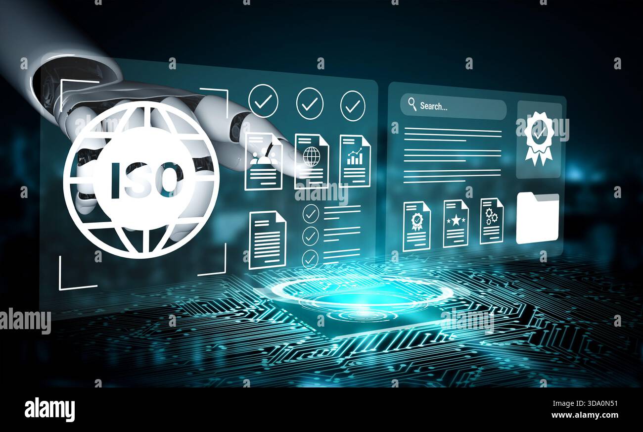 A robotic hand interacts with a futuristic digital display, showcasing ISO standards and data visualizations in a dynamic technological environment Stock Photo