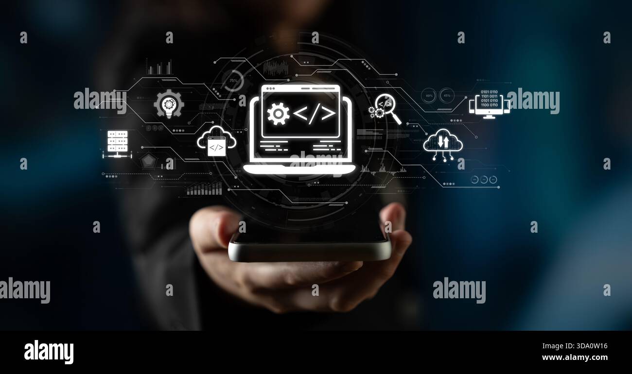 Modern web development concept featuring coding symbols, web development process, web development interface, and web development tools with futuristic Stock Photo