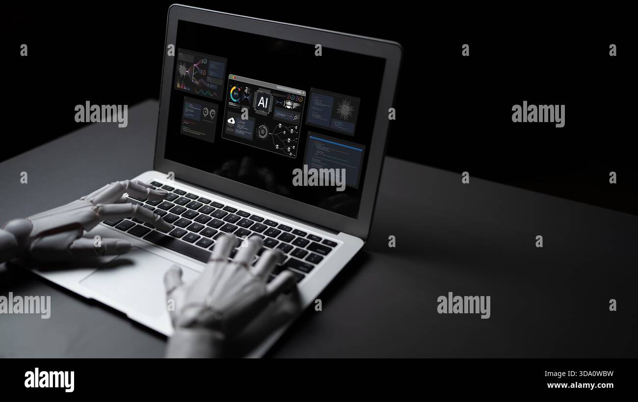 A generative AI assistant displays its own development environment. This platform shows the tools used for coding algorithms, training machine Stock Photo