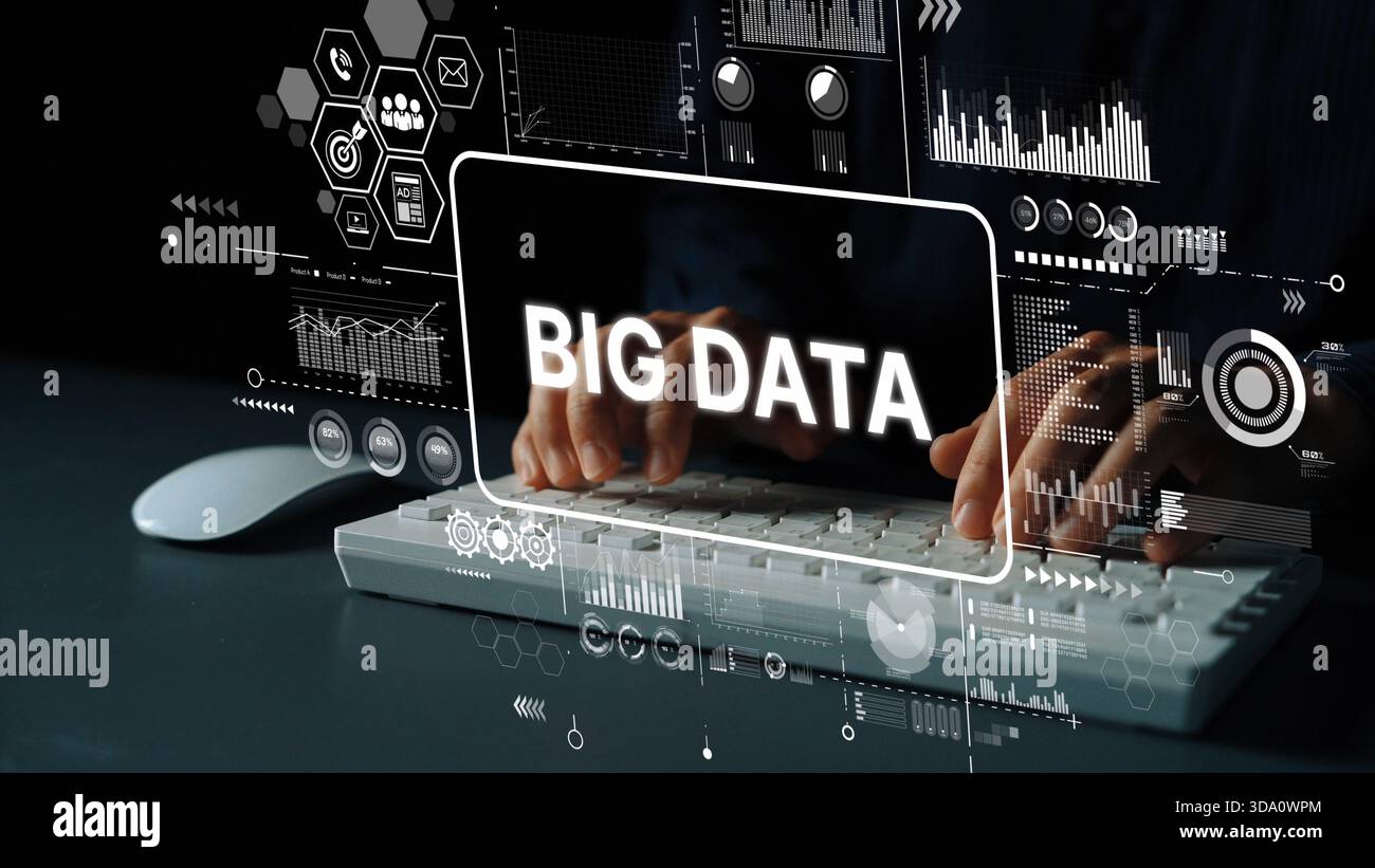 Analyzing Big Data Concepts with Modern Technology and Digital Interfaces in a Dark Environment. Asymptotic smart data analytic. Stock Photo
