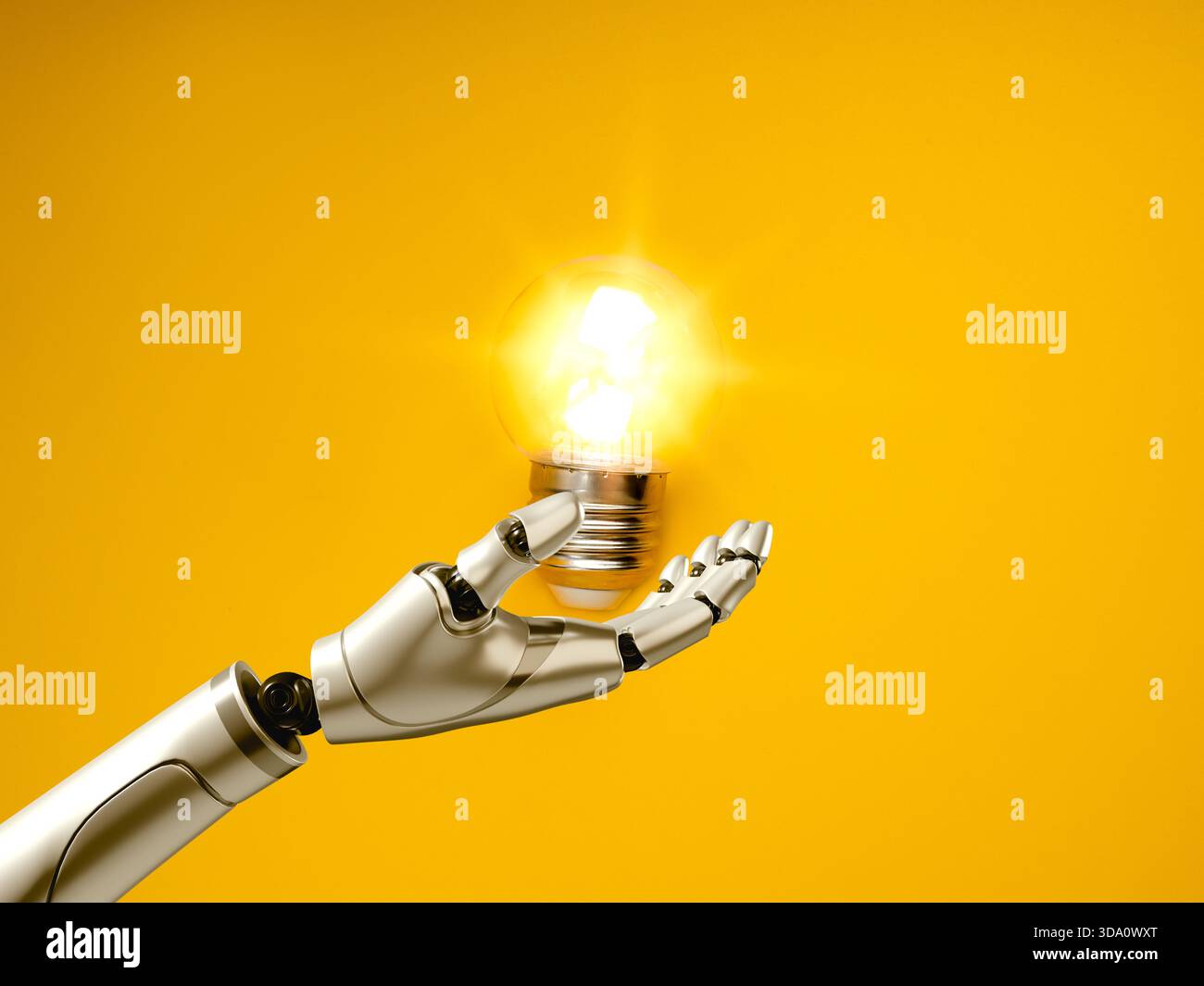 Robot hand holding glowing light bulb symbolizes artificial intelligence, innovation, smart technology, machine learning creativity, and efficient AI- Stock Photo