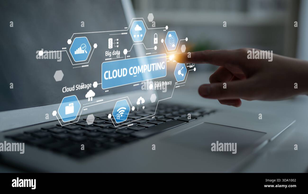 A hand interacts with a laptop screen displaying cloud computing icons, symbolizing data privacy and storage solutions in the digital technology Stock Photo