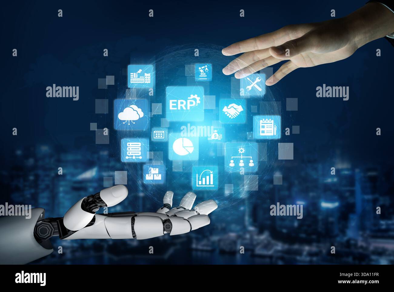 Artificial intelligence enhances ERP systems, optimizing processes, integrating business data, and supporting smart decision-making across Stock Photo