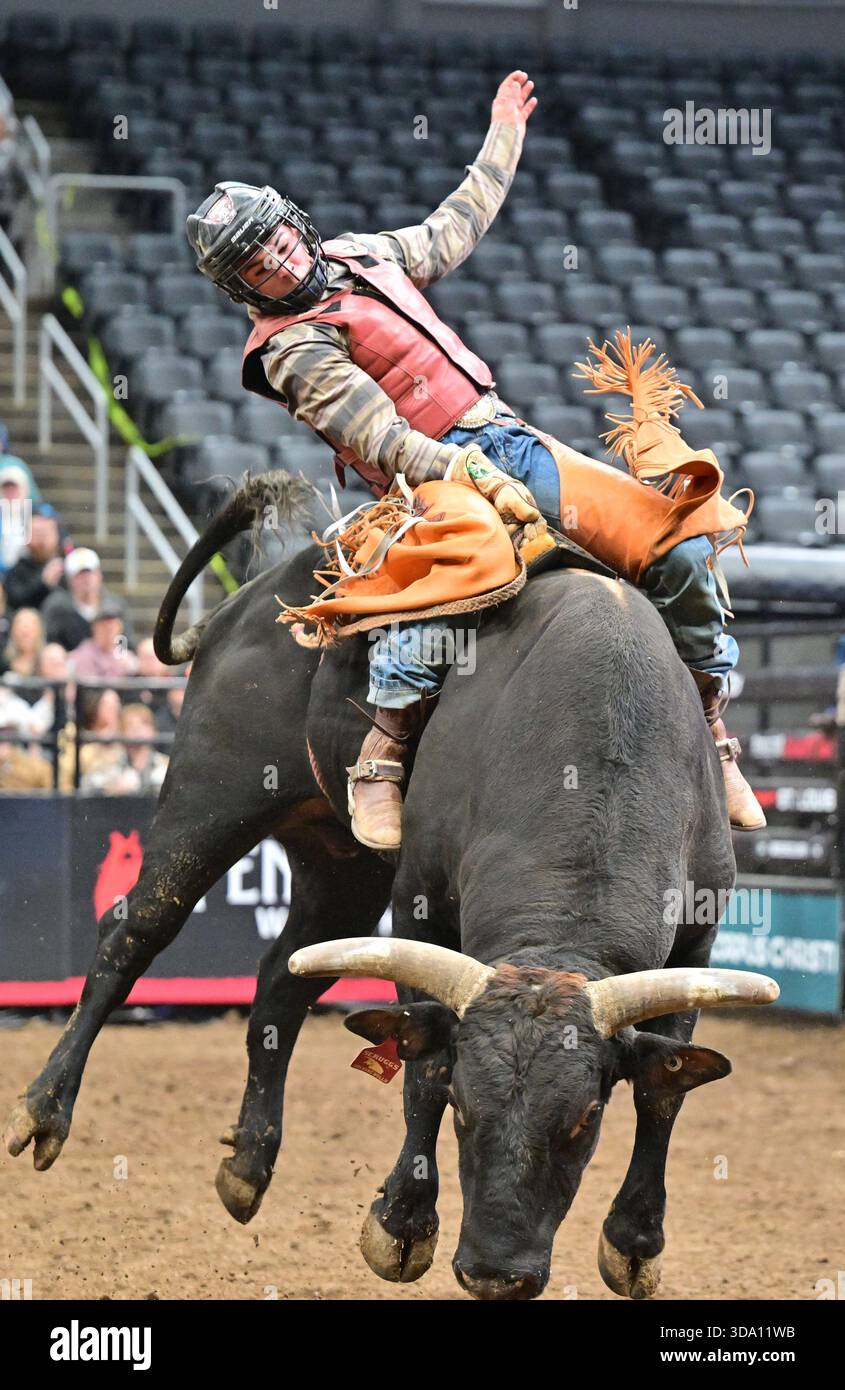 ST. LOUIS, IA - DECEMBER 07: Bullrider Kade Madsen as seen riding the ...