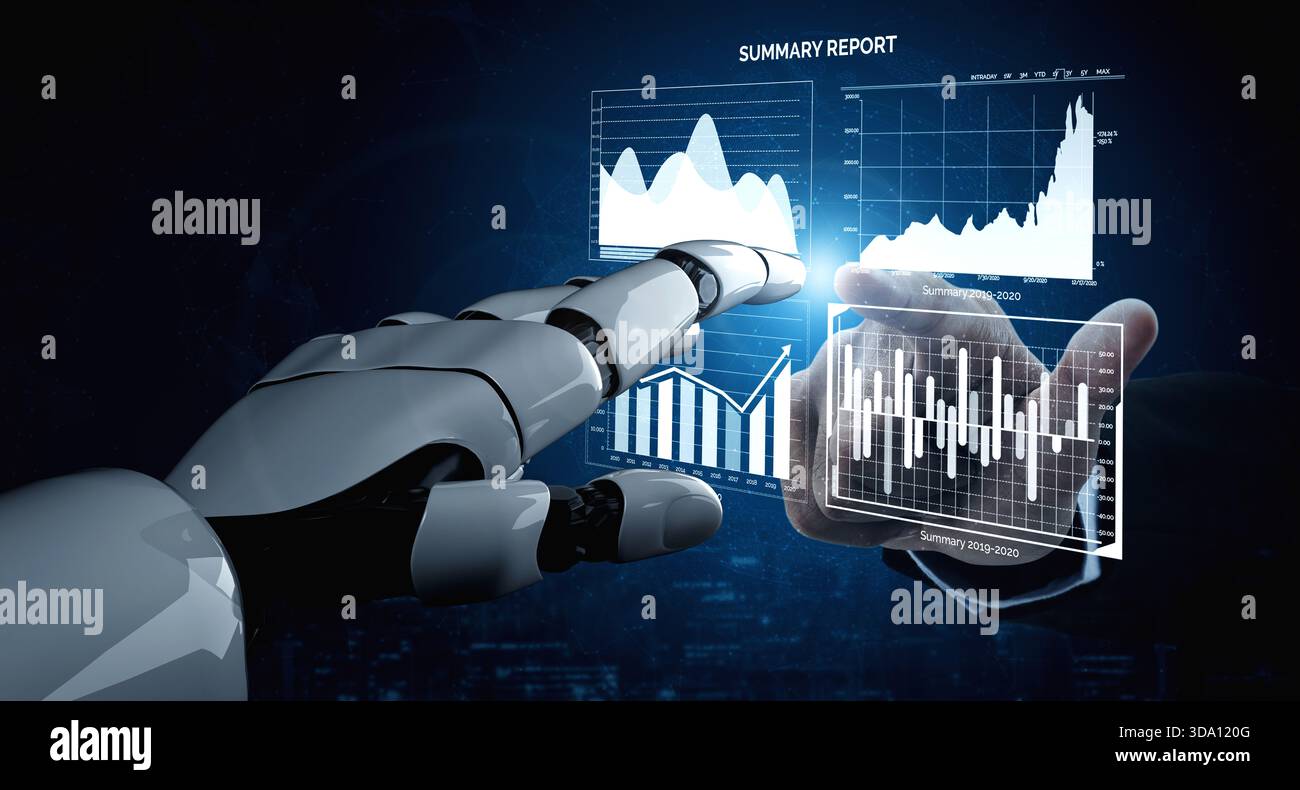A futuristic robot hand interacts with various data visualizations and ...