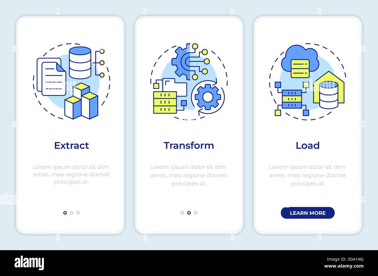 ETL process onboarding mobile app screen Stock Vector