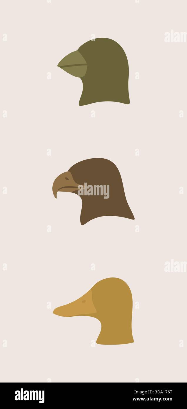 Vertical strip showing three simplified bird head profiles in solid shapes. Stock Vector