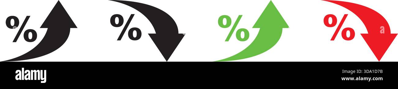 Percent Arrow Icons Set: Growth, Increase, Decrease Filled Up and Down Arrows Stock Vector