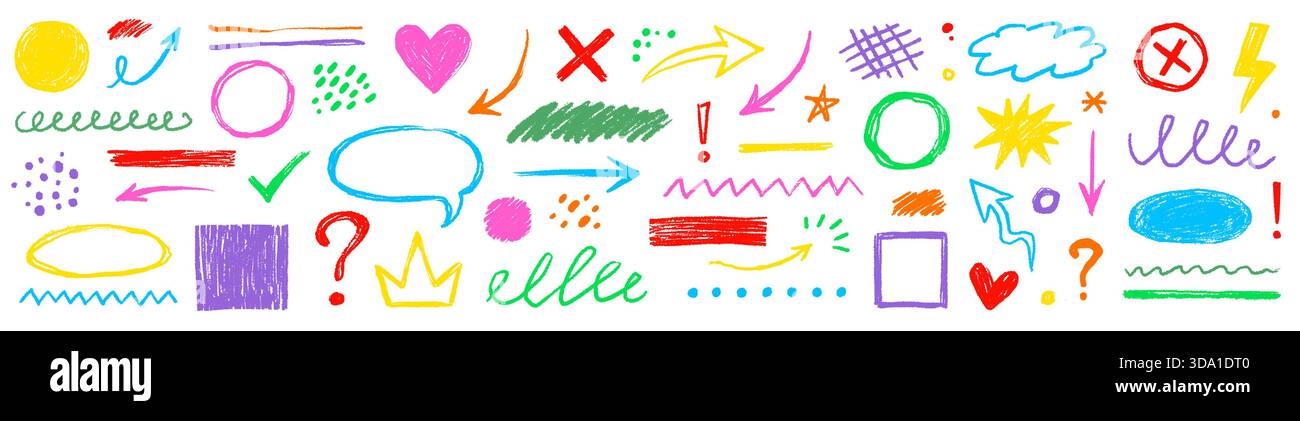 Arrow, circle, underline crayon line chalk textures hand drawn doodle color set. Hand drawn pastel color texture arrow, dot, star elements. Highlight, circle frame brush set. Vector illustration Stock Vector