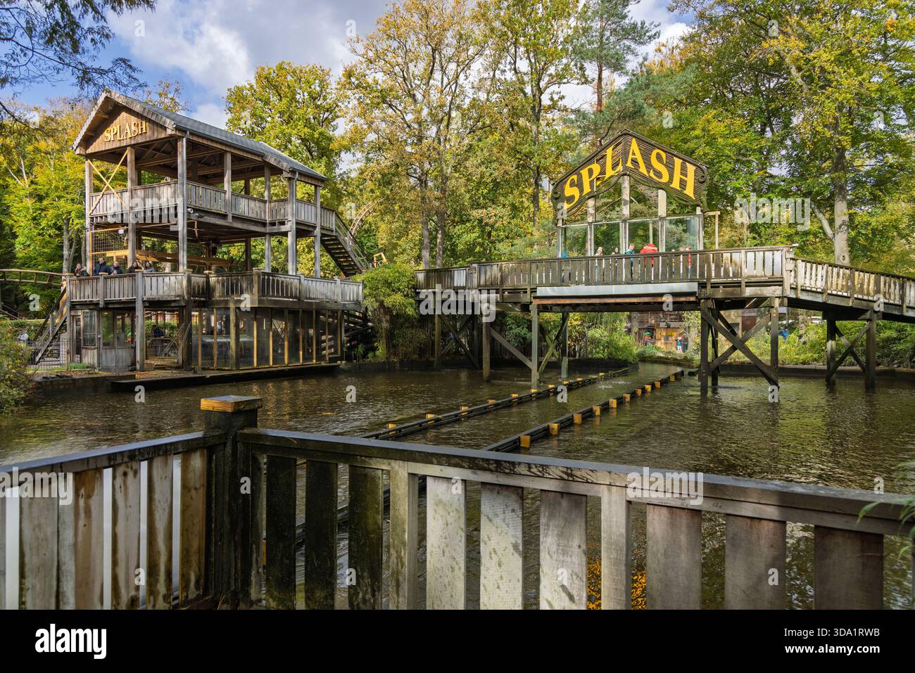 Overview of the Splash water ride structure with wooden bridge and drop ...