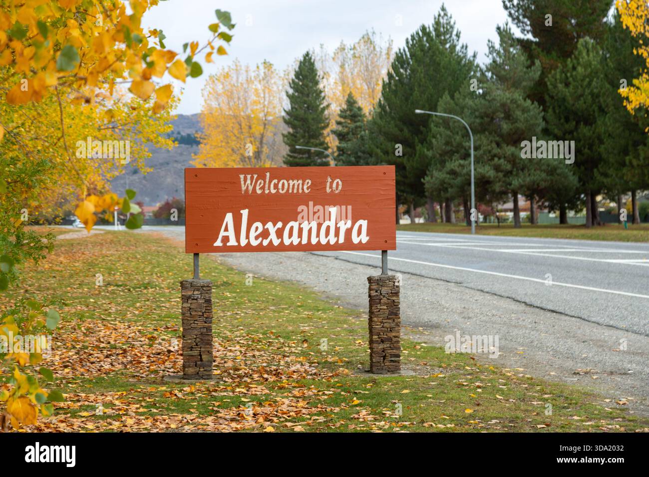 Welcome to Alexandra sign on an autumn day, Central Otago, South Island ...
