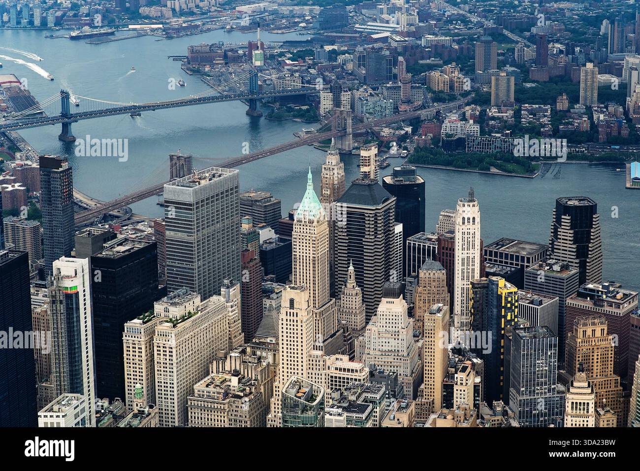 Aerial View Lower Manhattan Skyline and East River Bridges in NYC Stock Photo