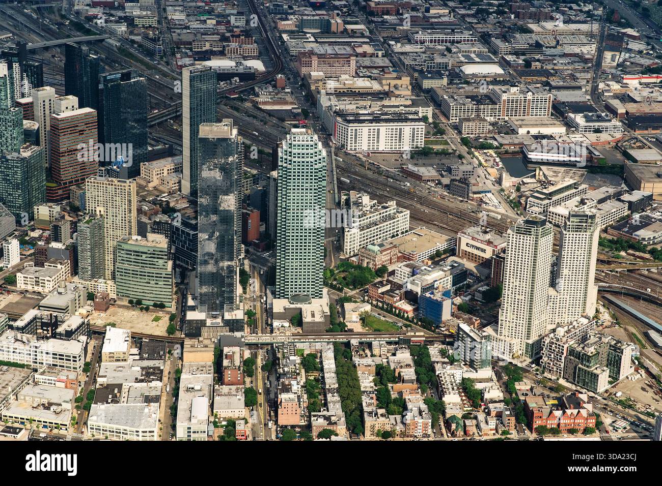 Aerial view  Long Island City with high-rise buildings and rail yards Stock Photo