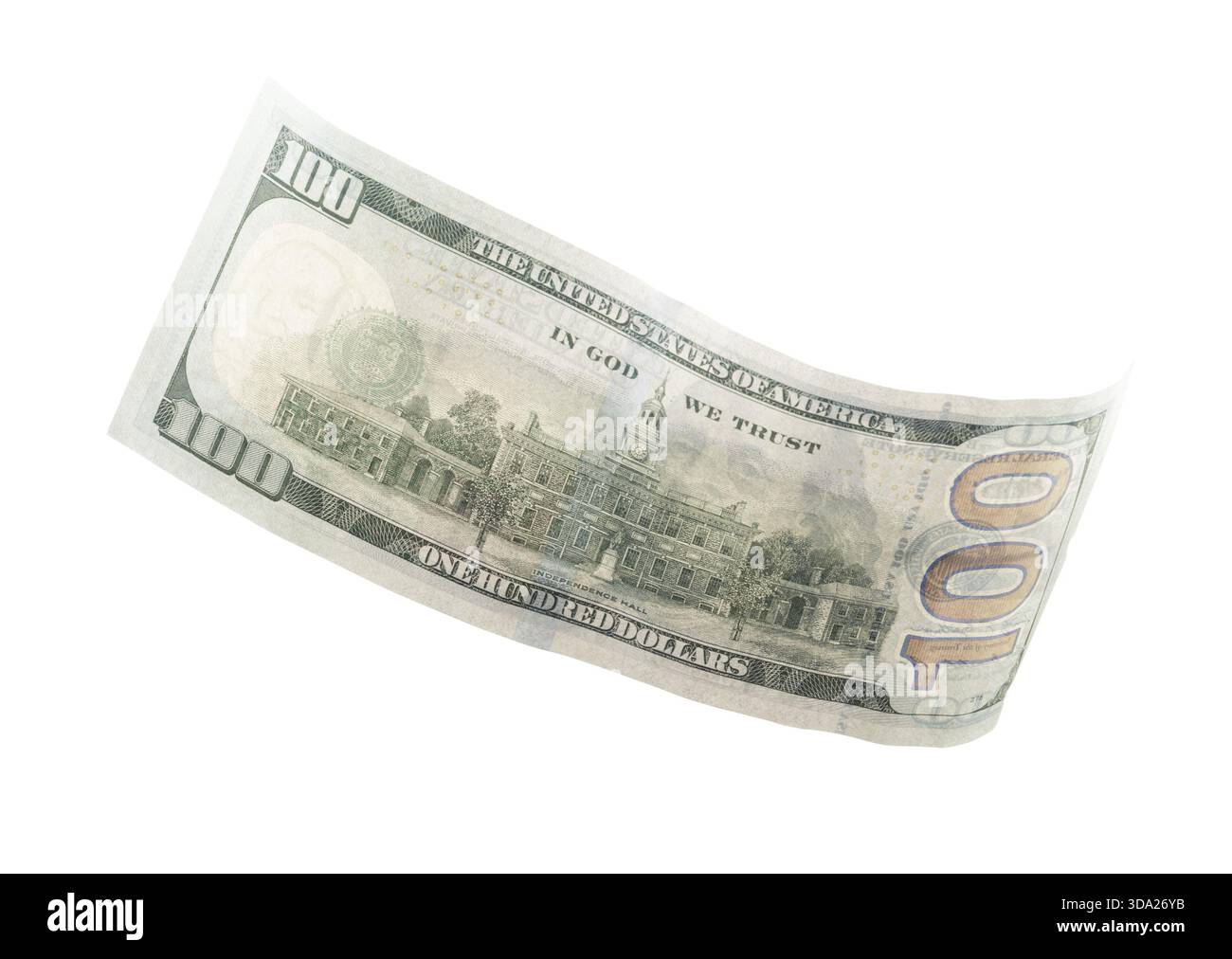One hundred dollar bill floating in the air on a white background Stock ...