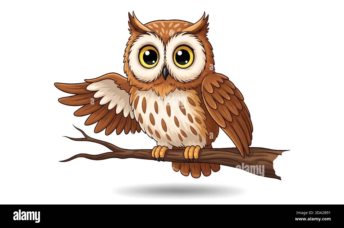 Cute Cartoon Owl Character Sitting on a Branch Isolated on White Background Stock Vector