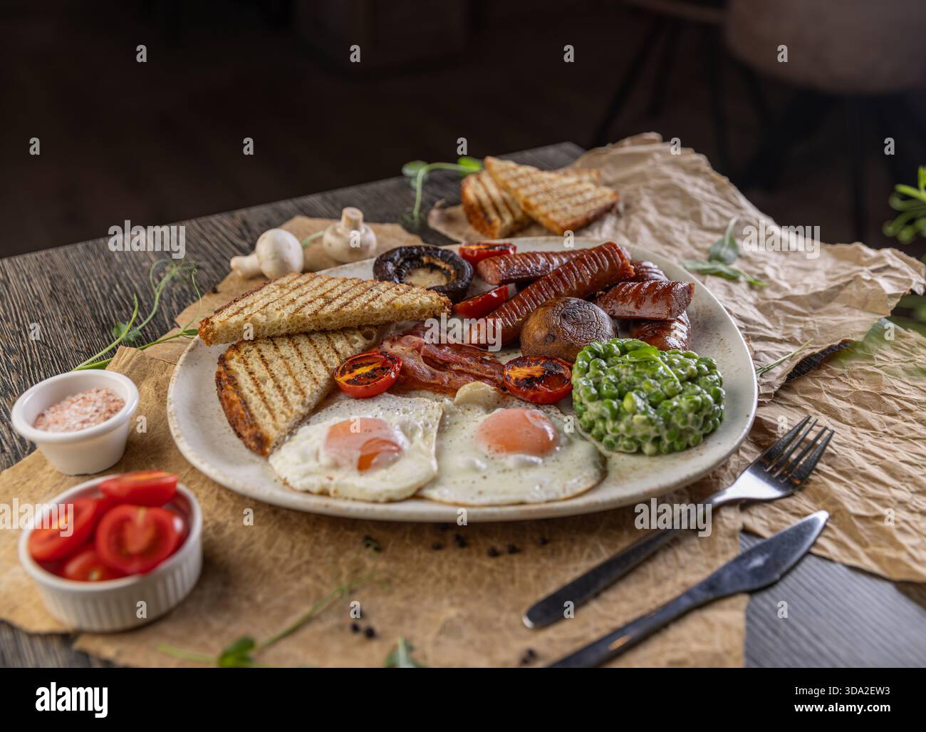 English breakfast served on restaurant table, menu concept Stock Photo