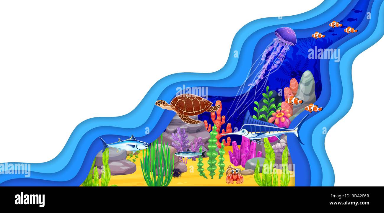 Paper cut underwater landscape with sea animals and fishes of coral ...