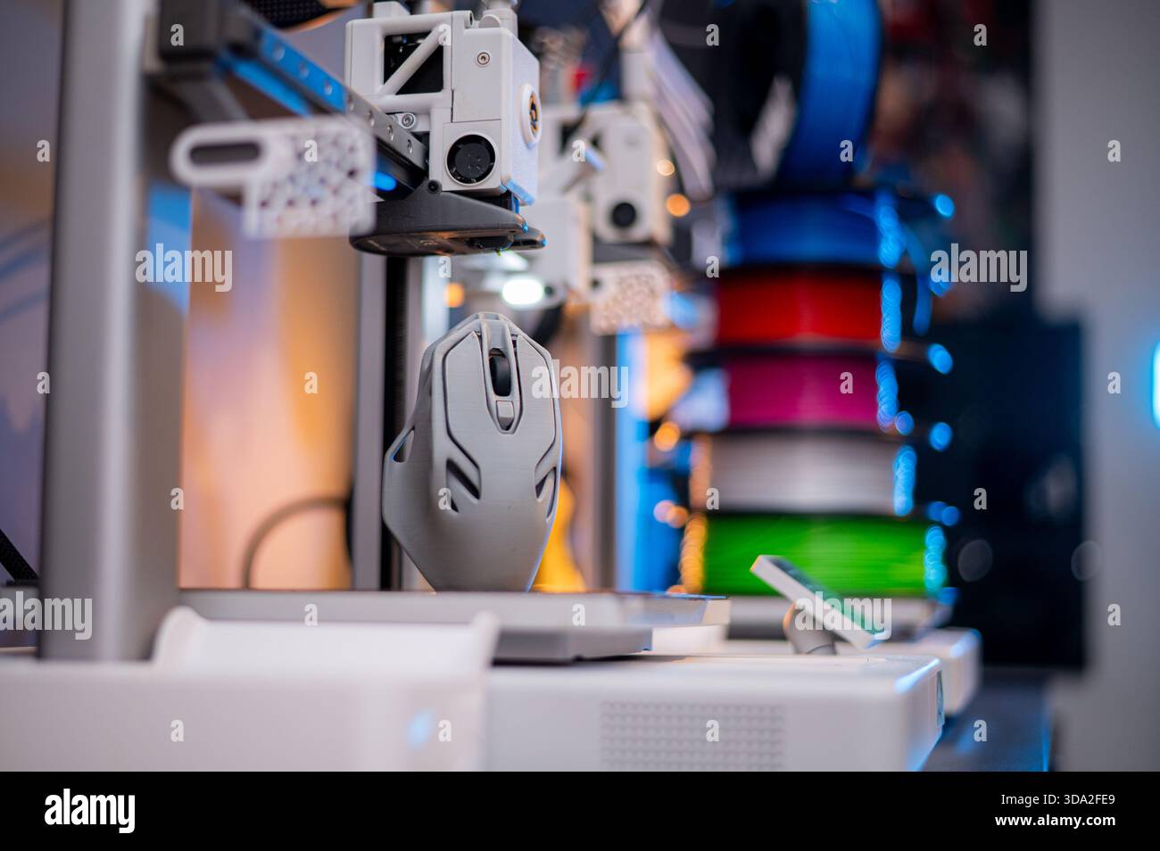 3D printer. Blank Empty 3D printer. 3D printer not working. Blank clean 3D printer desktop without printing process. Stock Photo