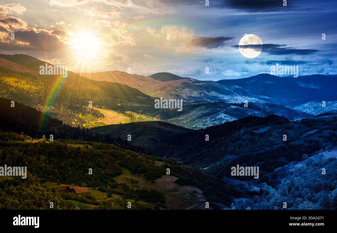 rolling forested hills in spring. day and night time change concept. beautiful scenery of mountainous countryside in dappled light with sun and moon a Stock Photo