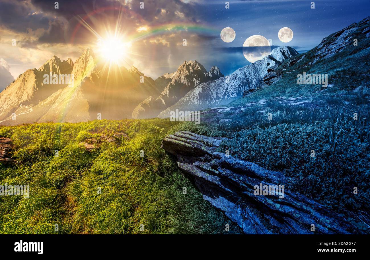 rocky peaks and rocks on hillside. day and night time change concept. scenic composite image of mountain landscape in summer with sun and moon. rugged Stock Photo