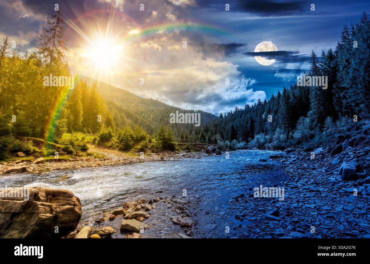 river flows through valley with forest at the foot of the mountain. day and night time change concept. scenic countryside in spring under sky with sun Stock Photo