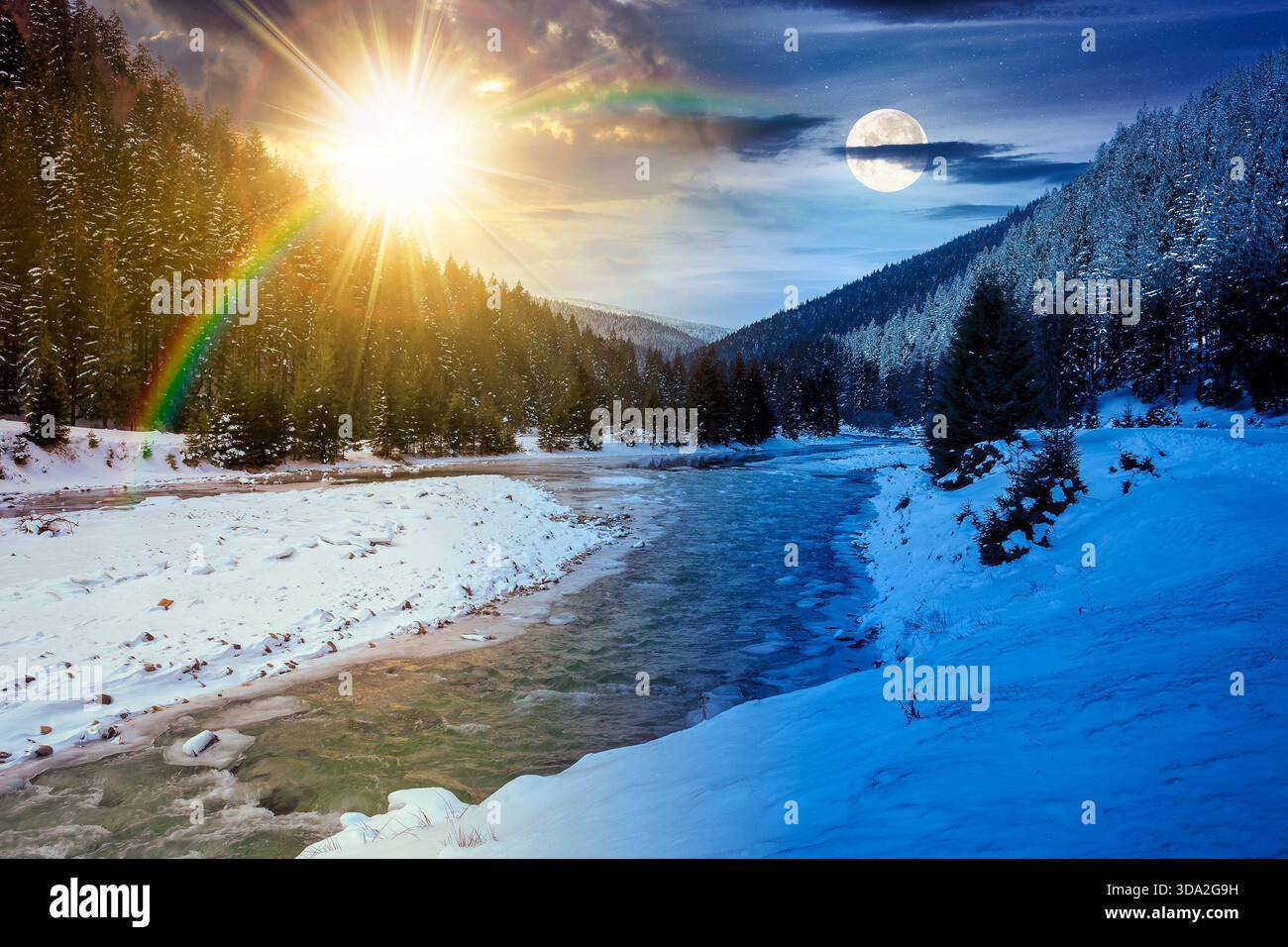 mountain river in winter. day and night time change concept. landscape with spruce forest and snow covered shore with sun and moon. beautiful nature s Stock Photo