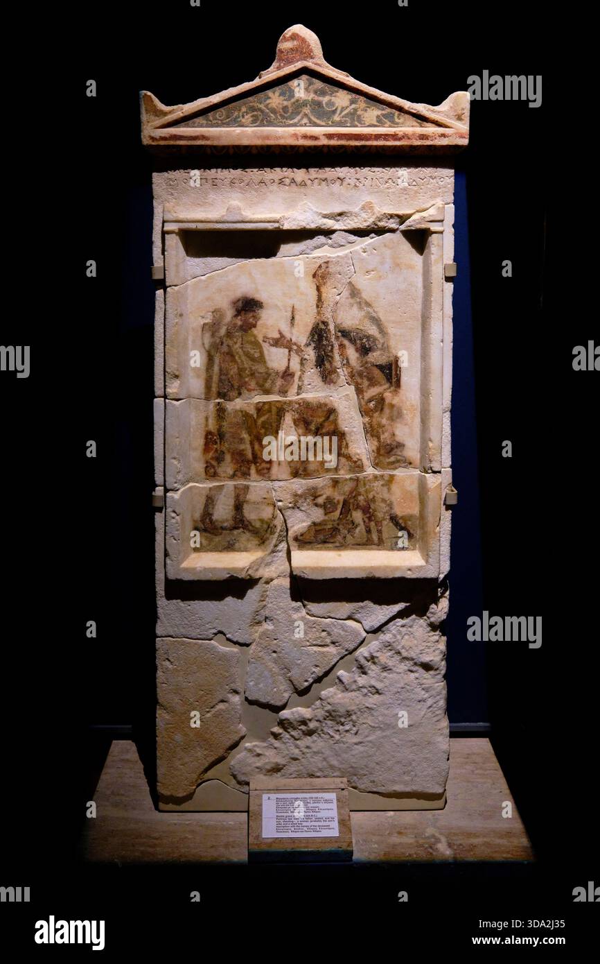 Greece, Macedonia, Vergina, Royal Tumulus Museum, Marble funerary stele, 330 BC. Stock Photo