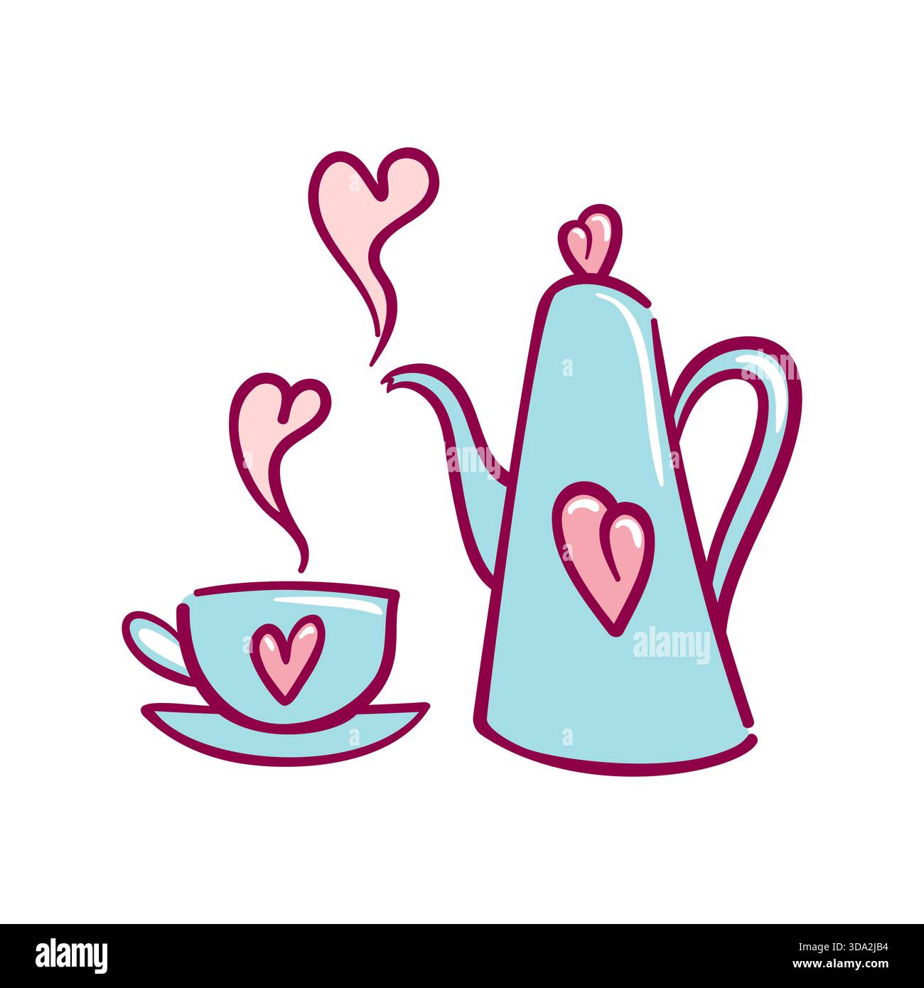A charming vector illustration of a teapot and teacup adorned with heart motifs, soft pastel palette, clean lines, minimal shadows, perfect for Stock Vector
