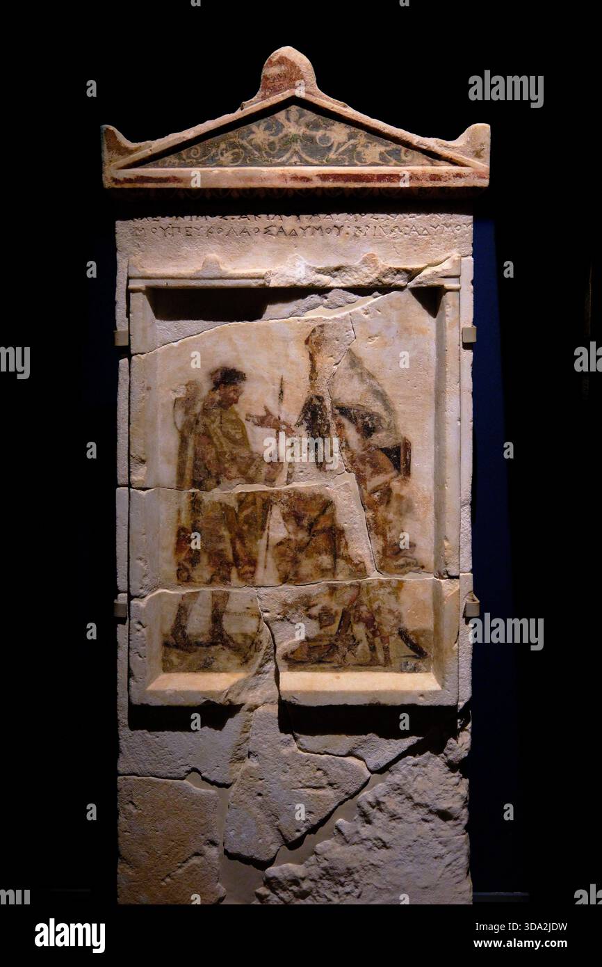 Greece, Macedonia, Vergina, Royal Tumulus Museum, Marble funerary stele, 330 BC. Stock Photo
