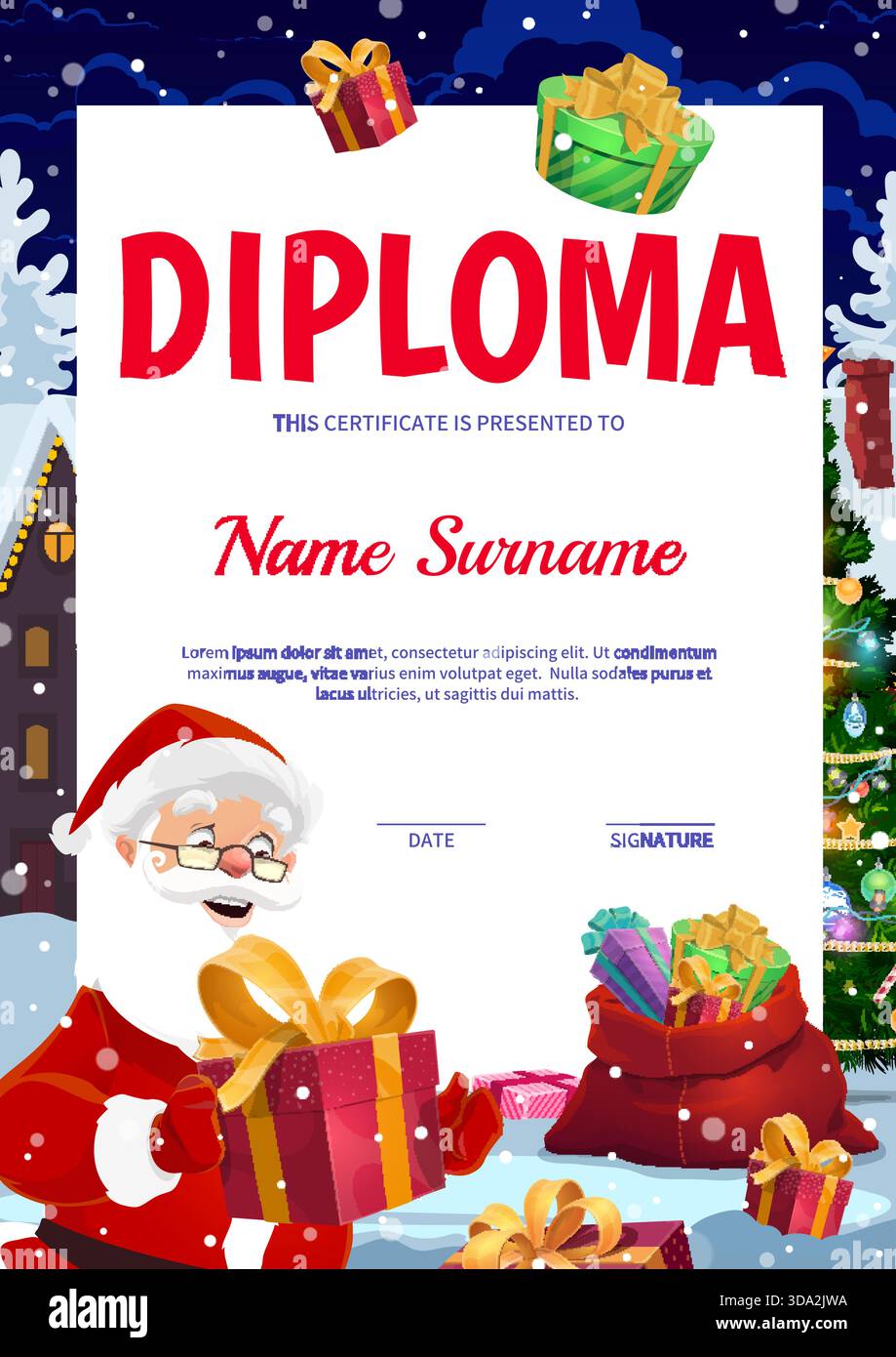 Christmas and winter holidays vertical diploma certificate with cartoon ...
