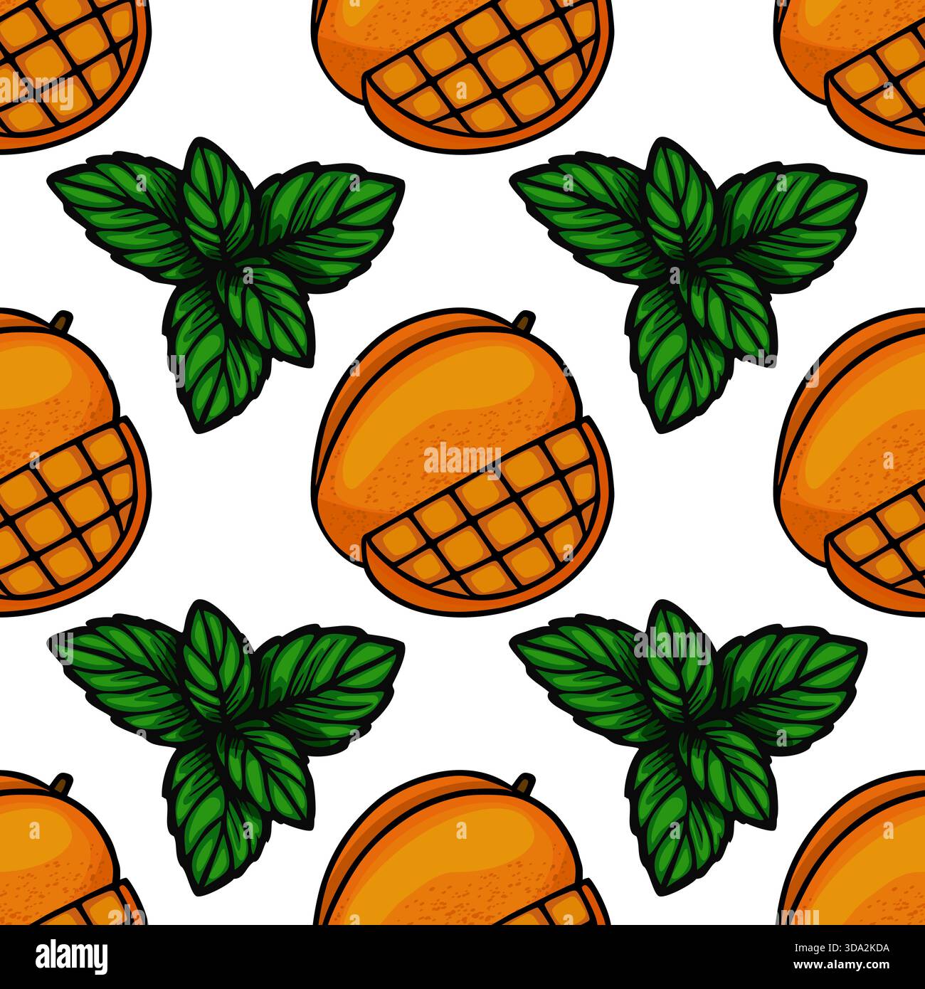 A vibrant, repeating vector pattern featuring sliced and whole ripe mangoes with fresh green mint leaves on a clean white background, ideal for tropic Stock Vector