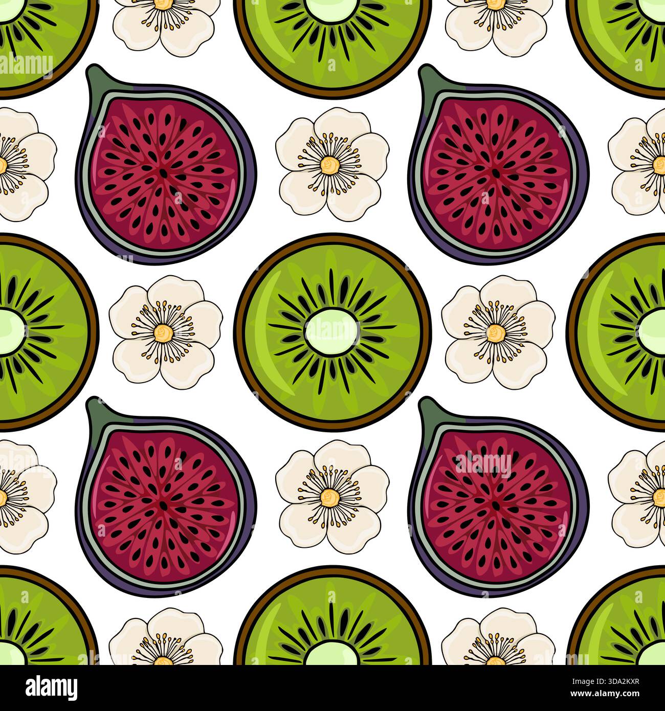 Seamless vector pattern featuring sliced figs and kiwi fruits interspersed with delicate white blossoms on a clean white background. Stock Vector