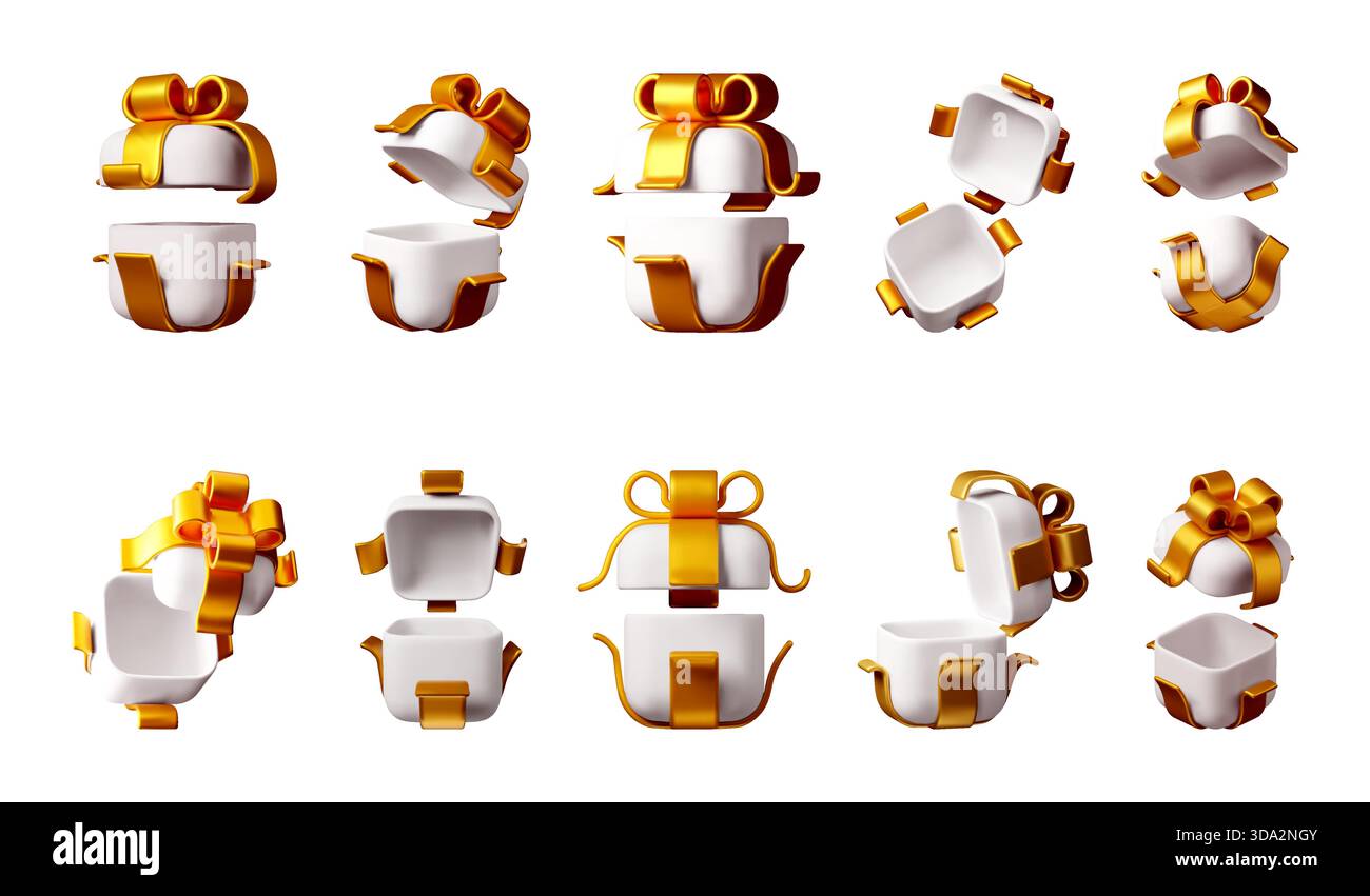 Multiple 3d white gift boxes with gold ribbons Stock Vector