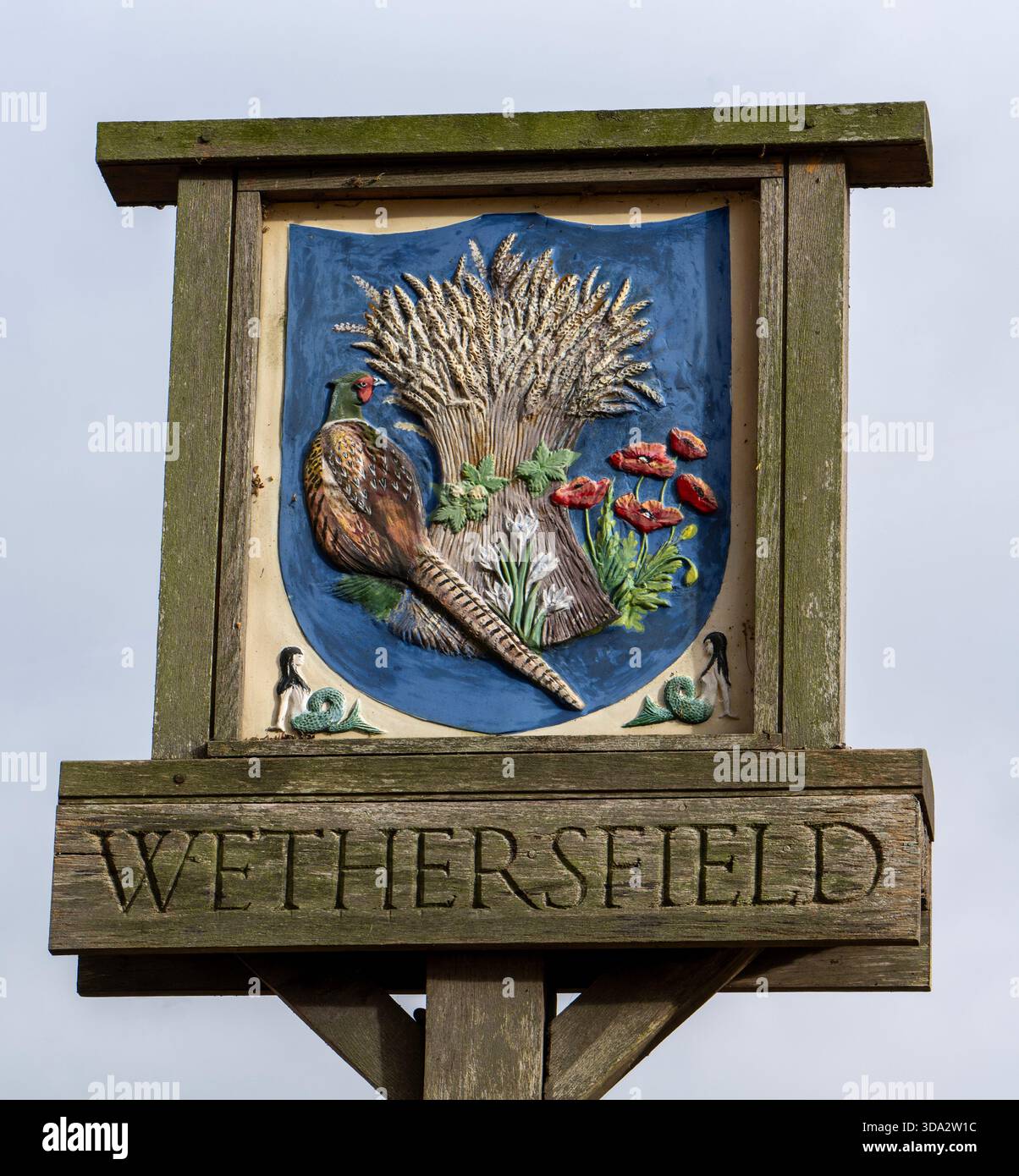 Village sign for Wethersfield, a village in the Braintree district of Essex, England. Stock Photo