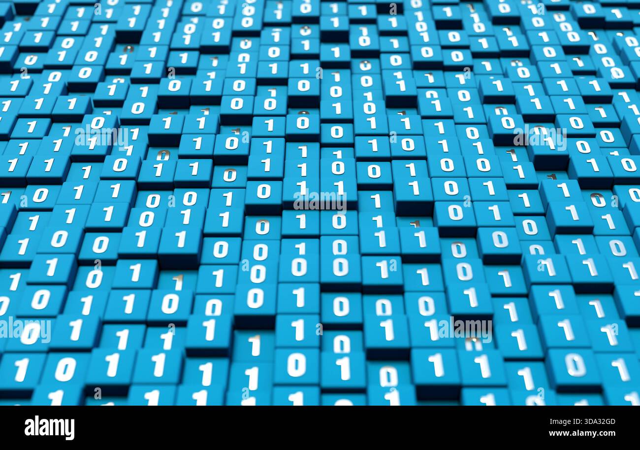 Abstract blue cubes with binary code, technology, big data. Abstract blue cubes with binary code, technology, big data. Machine learning, AI, artificial intelligence, science, code, encryption. 3D illustration img_technology084s03_binary_code_symbol Stock Photo
