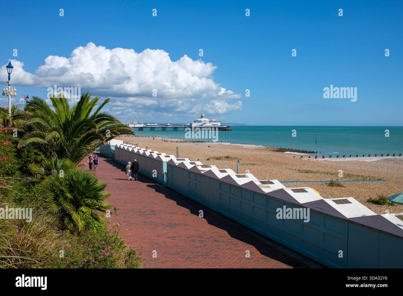 Eastbourne Pier, beach huts, promenade and beach in Eastbourne, East Sussex, UK Stock Photo