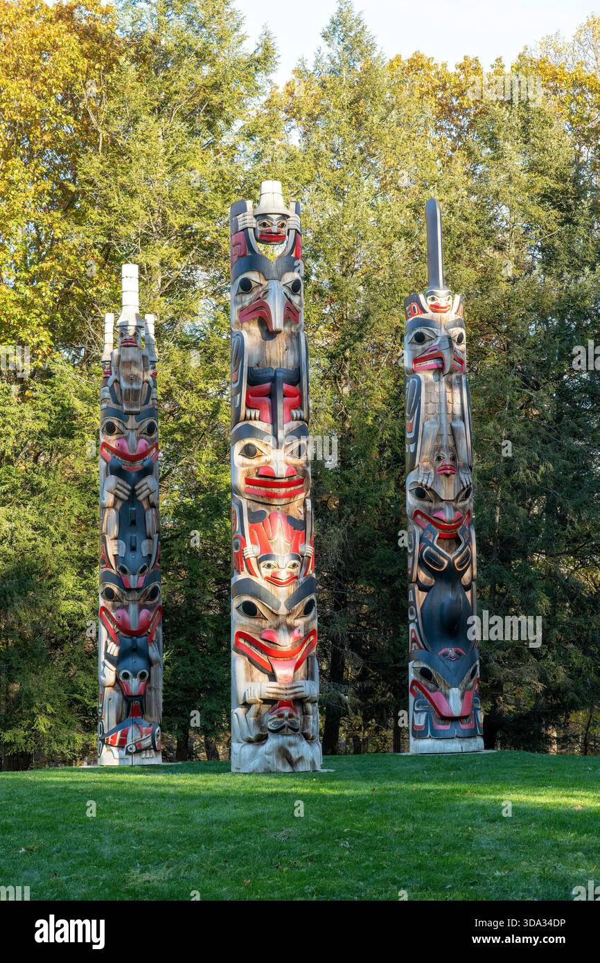 Characteristic Native Purchase, NY, USA-November 2, 2025; Totem poles characteristic of ...