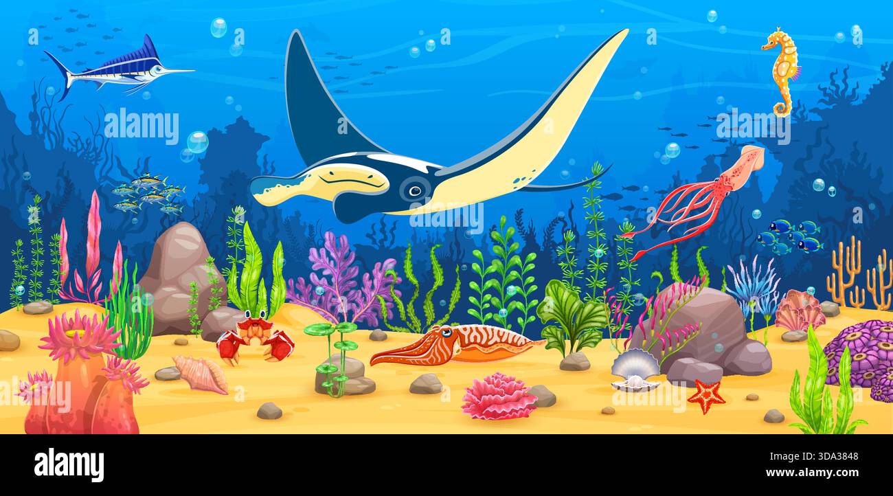 Manta ray and sea animals at underwater sea landscape with coral reef ...