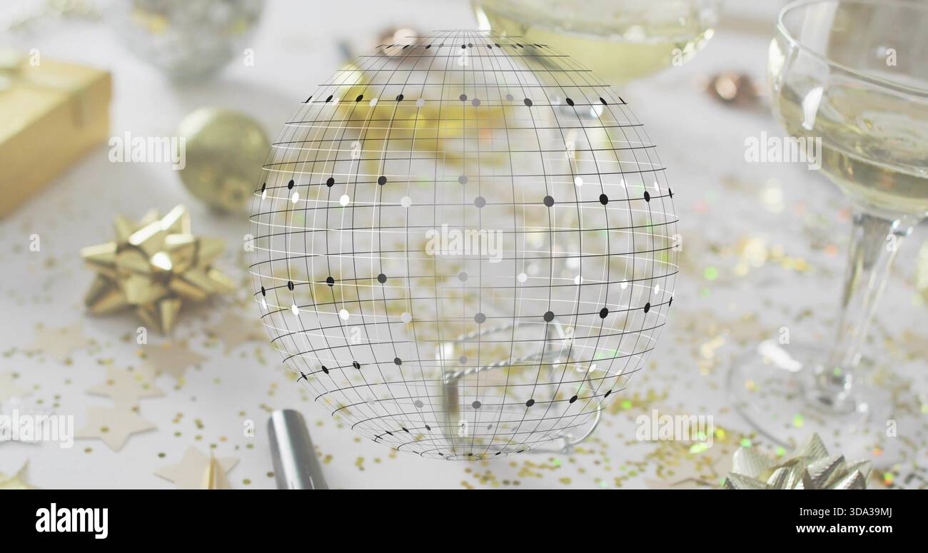 Displaying translucent wireframe globe hovering over party table, showing champagne glasses Stock Photo