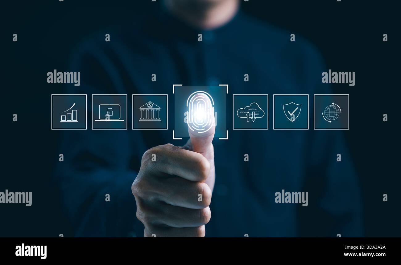 Futuristic biometric authentication technology concept. Man is touching ...