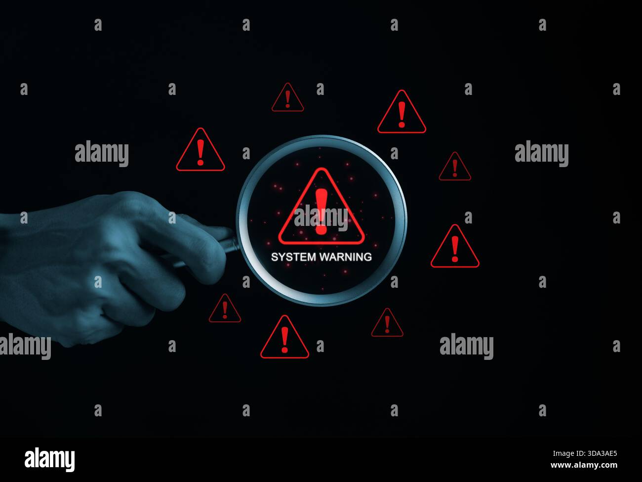 System Warning Alert, Cyber Security Concept. Hand holds magnifying ...