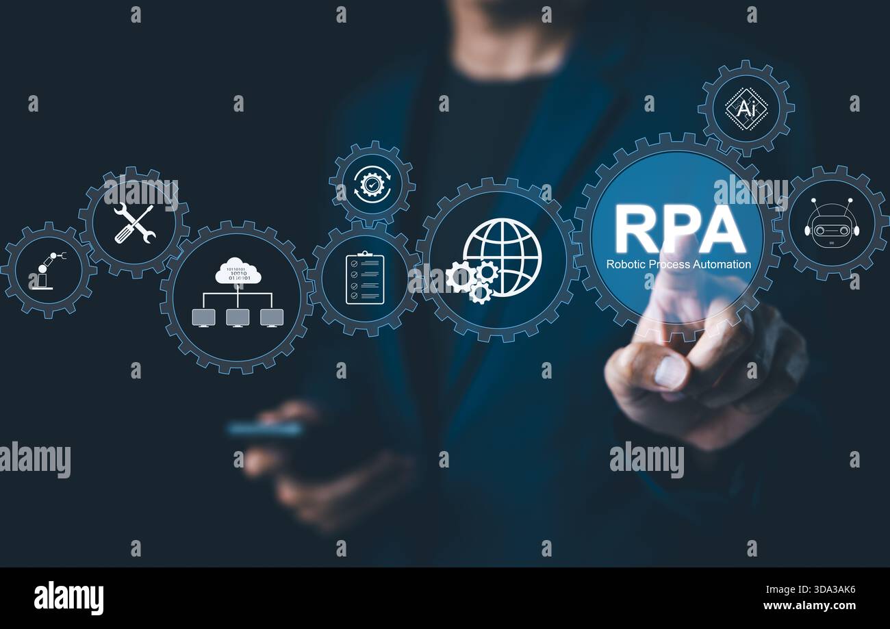 RPA, Robotic Process Automation System Concept. Businessman interacts ...