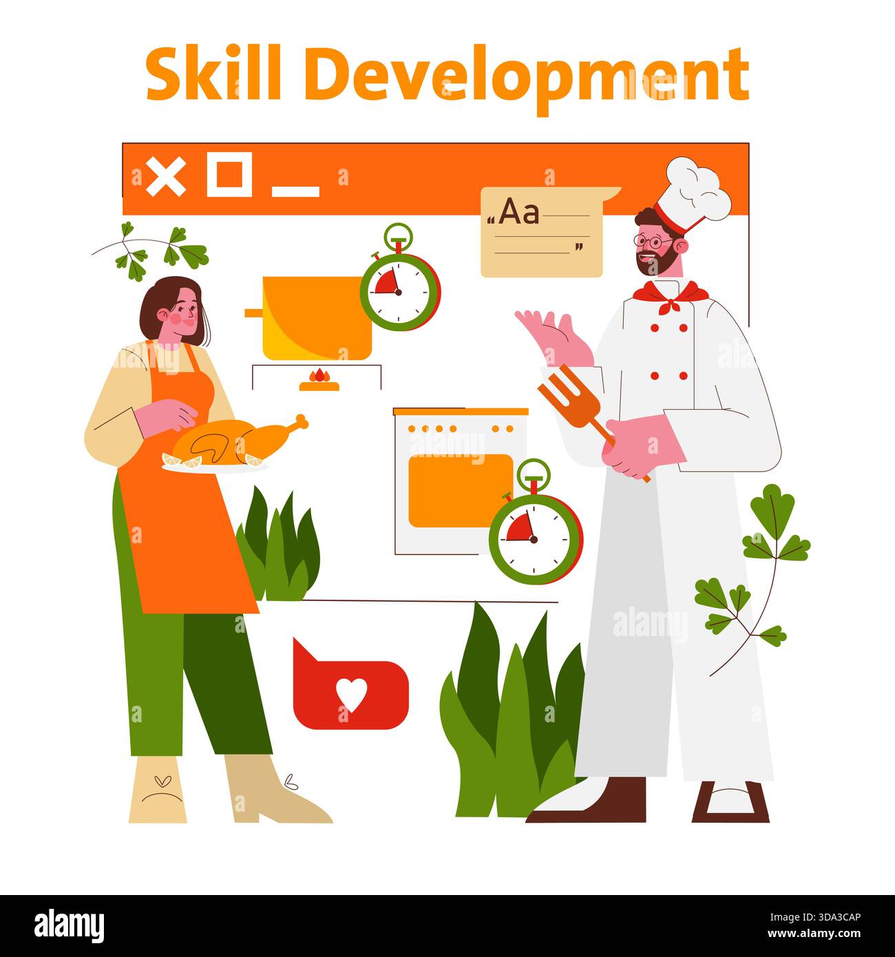 Vector illustration depicting a cooking skill development scenario with ...