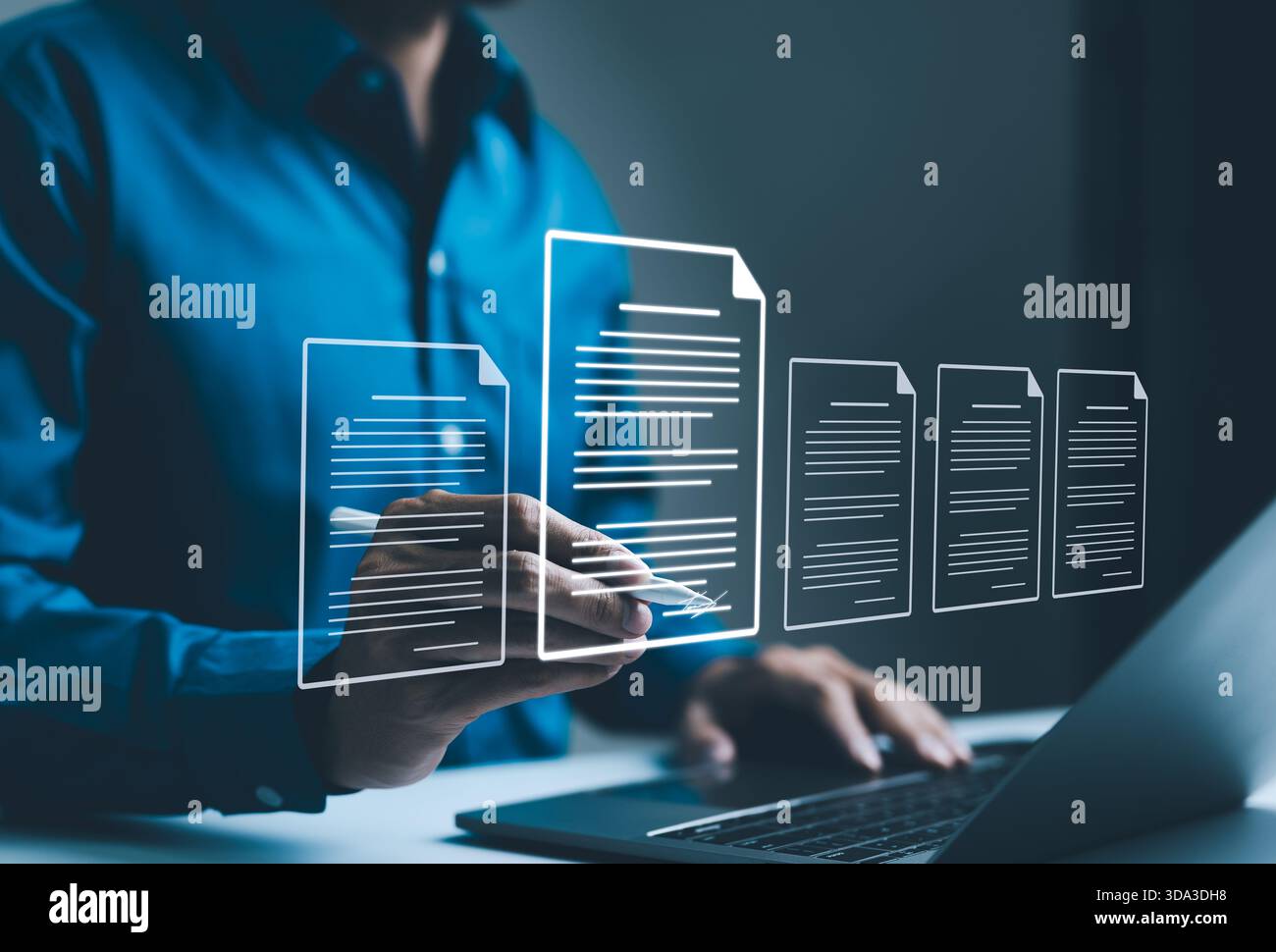 Digital Document Management and Paperless Workflow, Businessman sign virtual documents interface, paperless concept, digital document management. effi Stock Photo