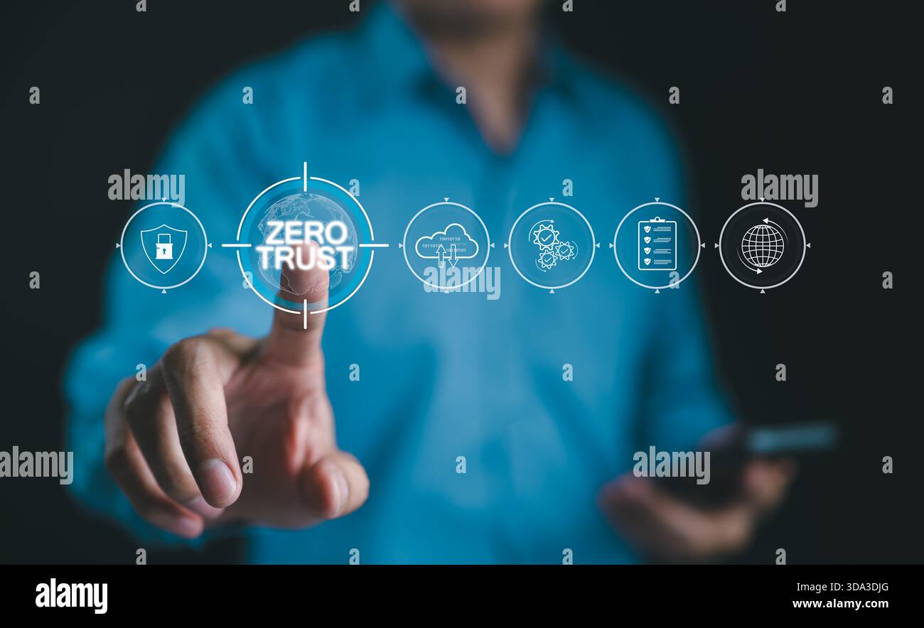 Zero Trust Security Concept. Businessman touch virtual icons zero trust security, cloud protection, business information network security, shields, co Stock Photo