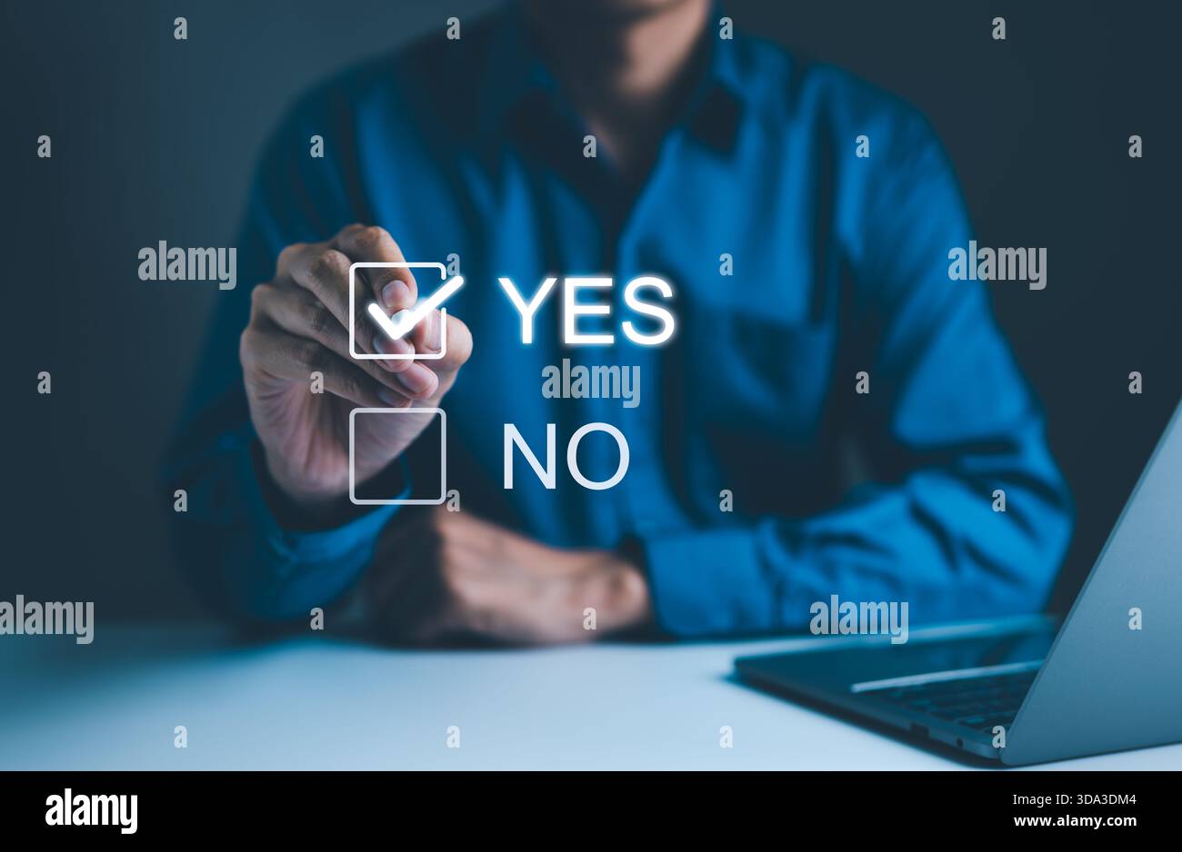 Decision-Making with Yes or No Choice Checkbox, A hand selecting "Yes" from a digital checkbox interface, symbolizing decision-making, approval, or ag Stock Photo