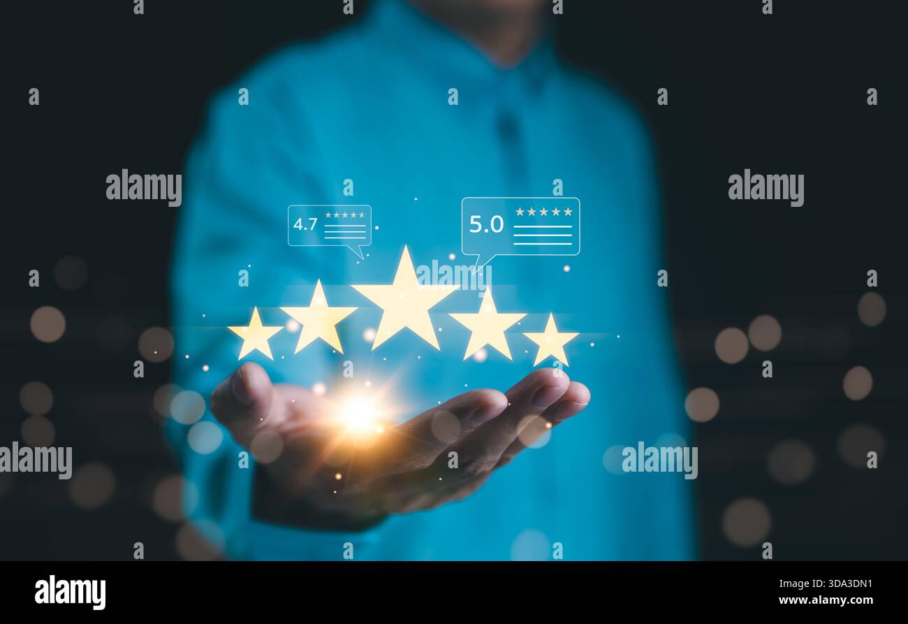 Customer satisfaction with five-star review ratings. Hand holding five ...