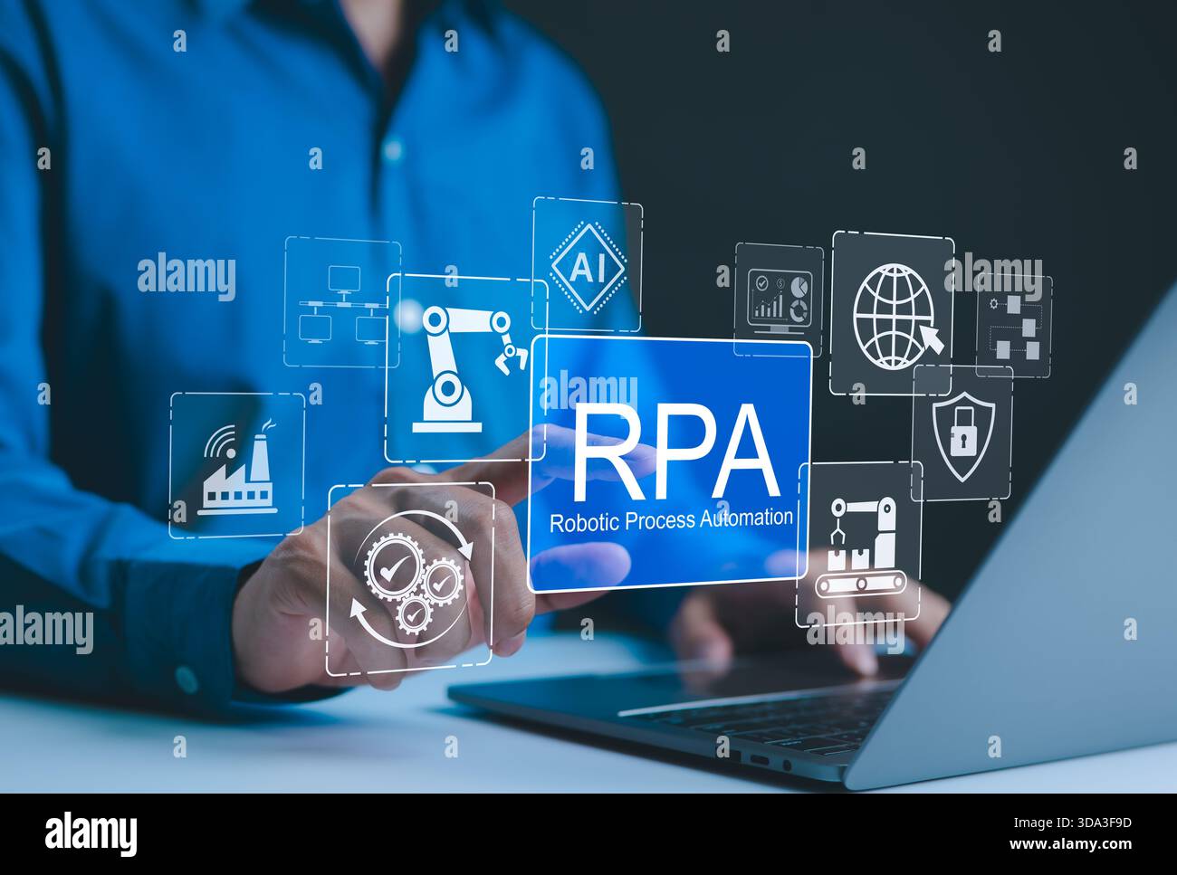 RPA, Robotic Process Automation Technology Concept. Businessman working ...