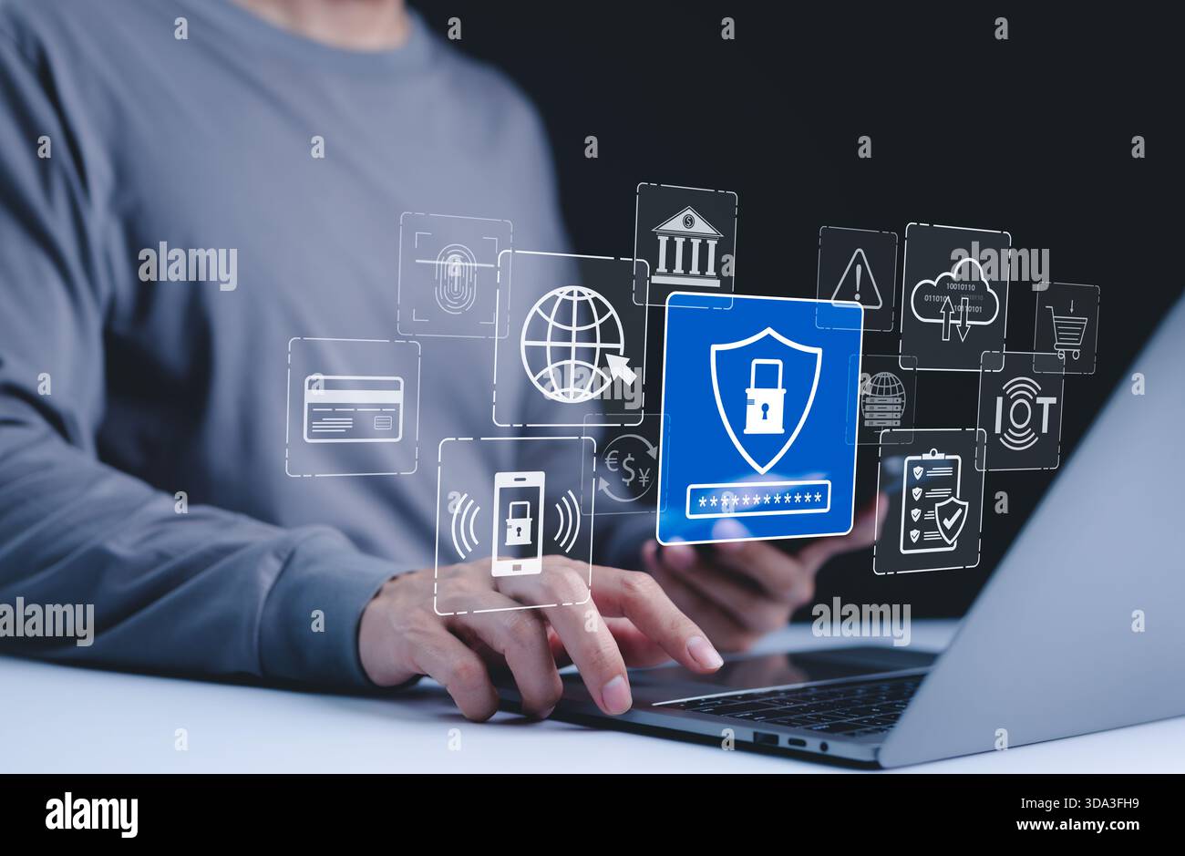 Cybersecurity protection and data security concept. Digital icons representing cyber security, data protection, encryption, and secure access. online Stock Photo
